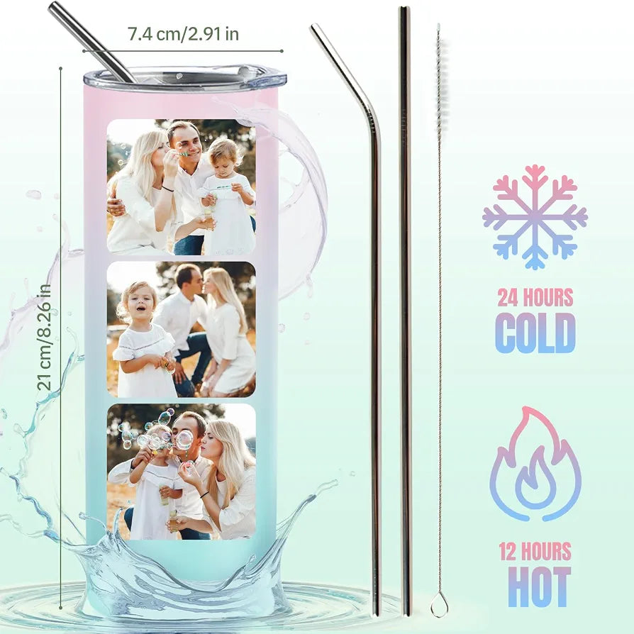 Personalized Coffee Tumbler with 8 Photo Text, 20oz Stainless Steel Tumbler with Lid and Straw, Coffee Travel Cups, Personalized Christmas Birthday Gifts for Family Friends Women Men