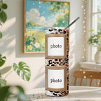 Personalized 20oz Skinny MAMA Leopard Print Tumbler with Lid & Straw, Custom 4 Photos Only, Fixed Rose Gold Glitter Leopard MAMA Design, Stainless Steel Insulated Travel Mug, Single Cup, Mother’s Day Gift for Mom