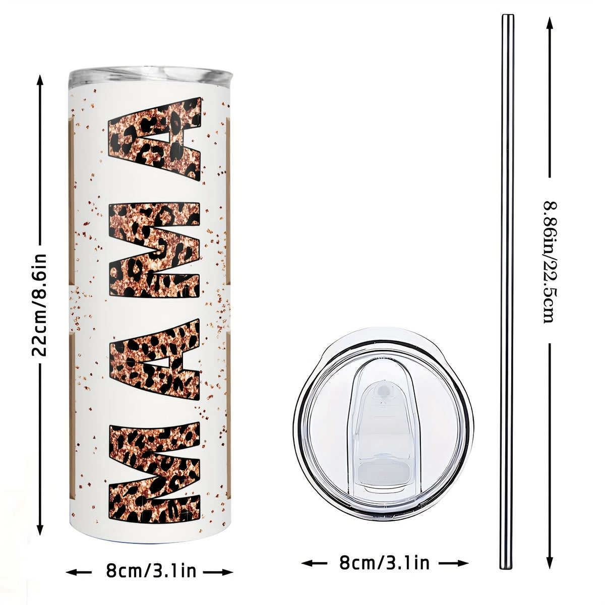 Personalized 20oz Skinny MAMA Leopard Print Tumbler with Lid & Straw, Custom 4 Photos Only, Fixed Rose Gold Glitter Leopard MAMA Design, Stainless Steel Insulated Travel Mug, Single Cup, Mother’s Day Gift for Mom