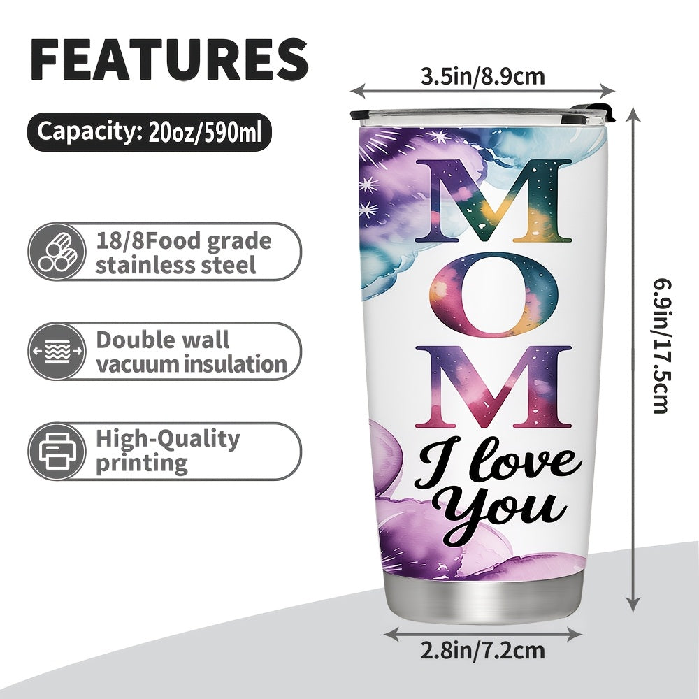 20Oz/600ML Personalized MOM Tumbler, Custom 3 Photos Stainless Steel Insulated Tumbler with Lid, Watercolor Ink Wash Design Travel Coffee Mug, Mom I Love You, Mother’s Day Birthday Gift for Mom