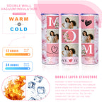 MOM Pink Floral Custom Photo Collage 20oz Skinny Tumbler, Personalized Mom Picture Tumbler, Mother’s Day Gift for Mom