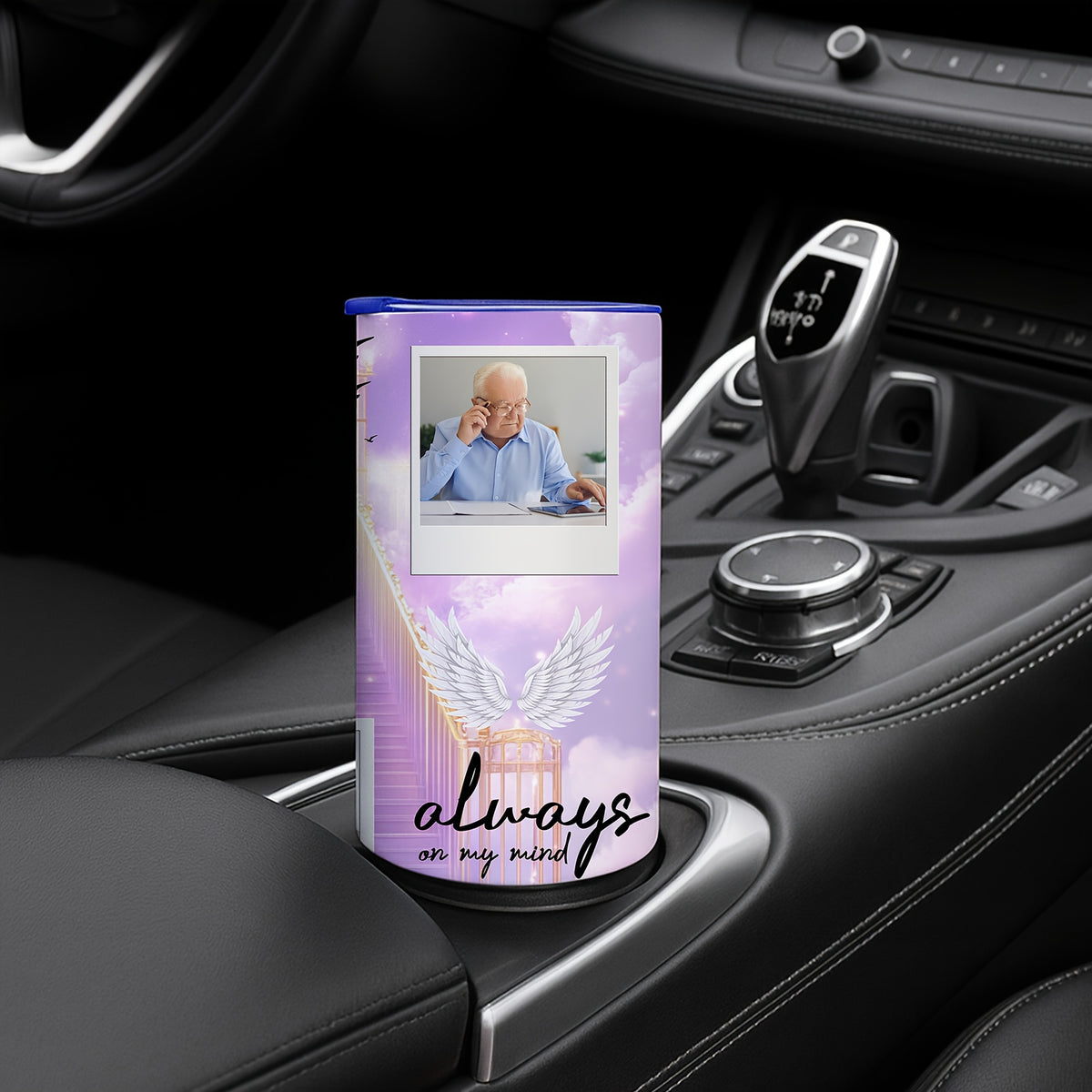Memorial Custom Photo 20oz Skinny Tumbler, Purple Sky Angel Wings Personalized Insulated Tumbler, Forever in My Heart Remembrance Gift Cup