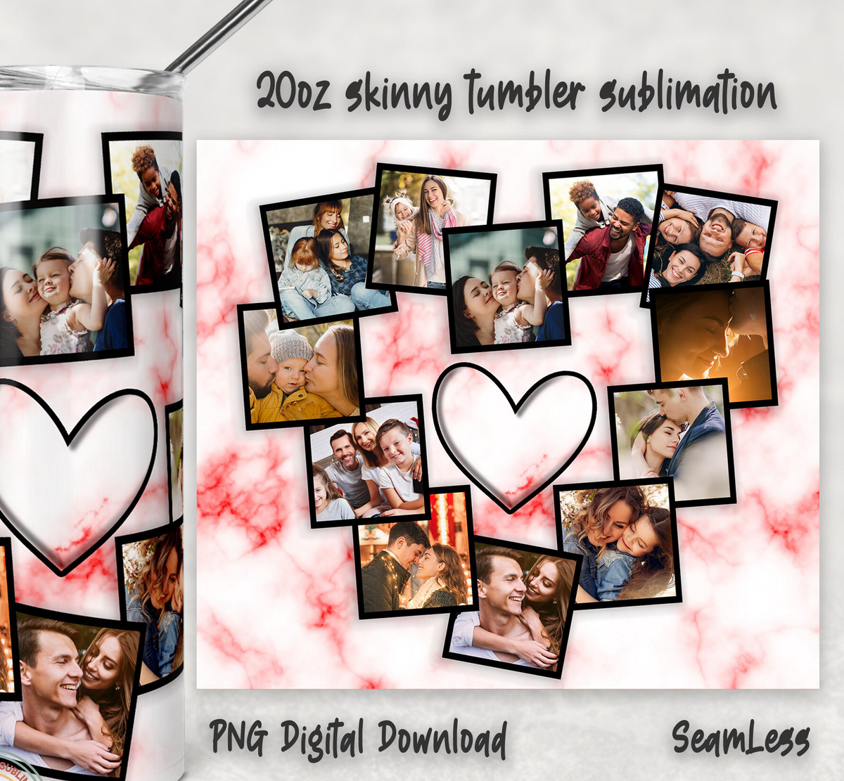 20oz Personalized Heart Photo Collage Tumbler, Pink Marble Background Custom Multi Photos Stainless Steel Insulated Tumbler with Lid & Straw, Family Couple Anniversary Birthday Gift