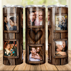 20oz Personalized Wood Grain Family Photo Collage Tumbler, Rustic Wooden Frame & Heart Design Stainless Steel Insulated Tumbler with Lid & Straw, Custom Family Keepsake Birthday Anniversary Gift