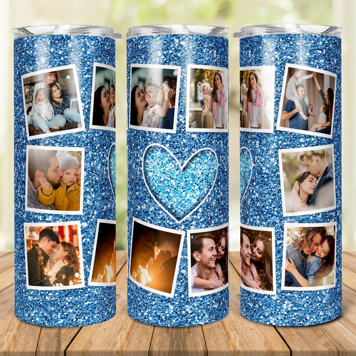 Blue Glitter Heart Photo Collage 20oz Skinny Tumbler, Custom Photo Sublimation Tumbler, Personalized Picture Cup, Birthday Gift for Family & Friends
