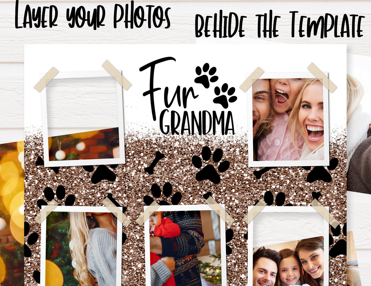 A lovely tumbler for fur grandma! This glitter brown paw print design fits 2 pet photos. Great custom gift for dog grandma, dog mom to show love for furry babies.
