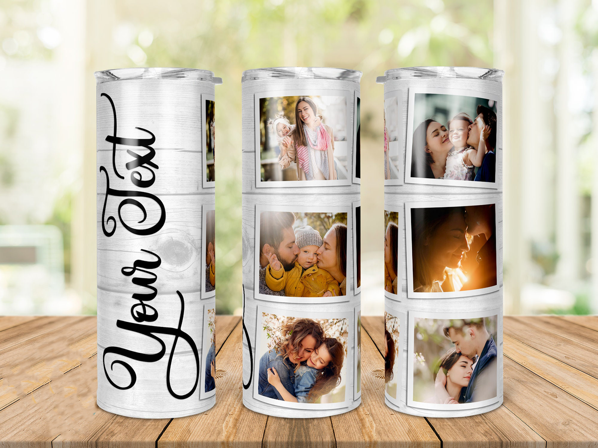Custom Photo & Text Collage 20oz Skinny Tumbler, White Wood Grain Personalized Picture Tumbler, Custom Name Photo Cup, Birthday Gift for Family