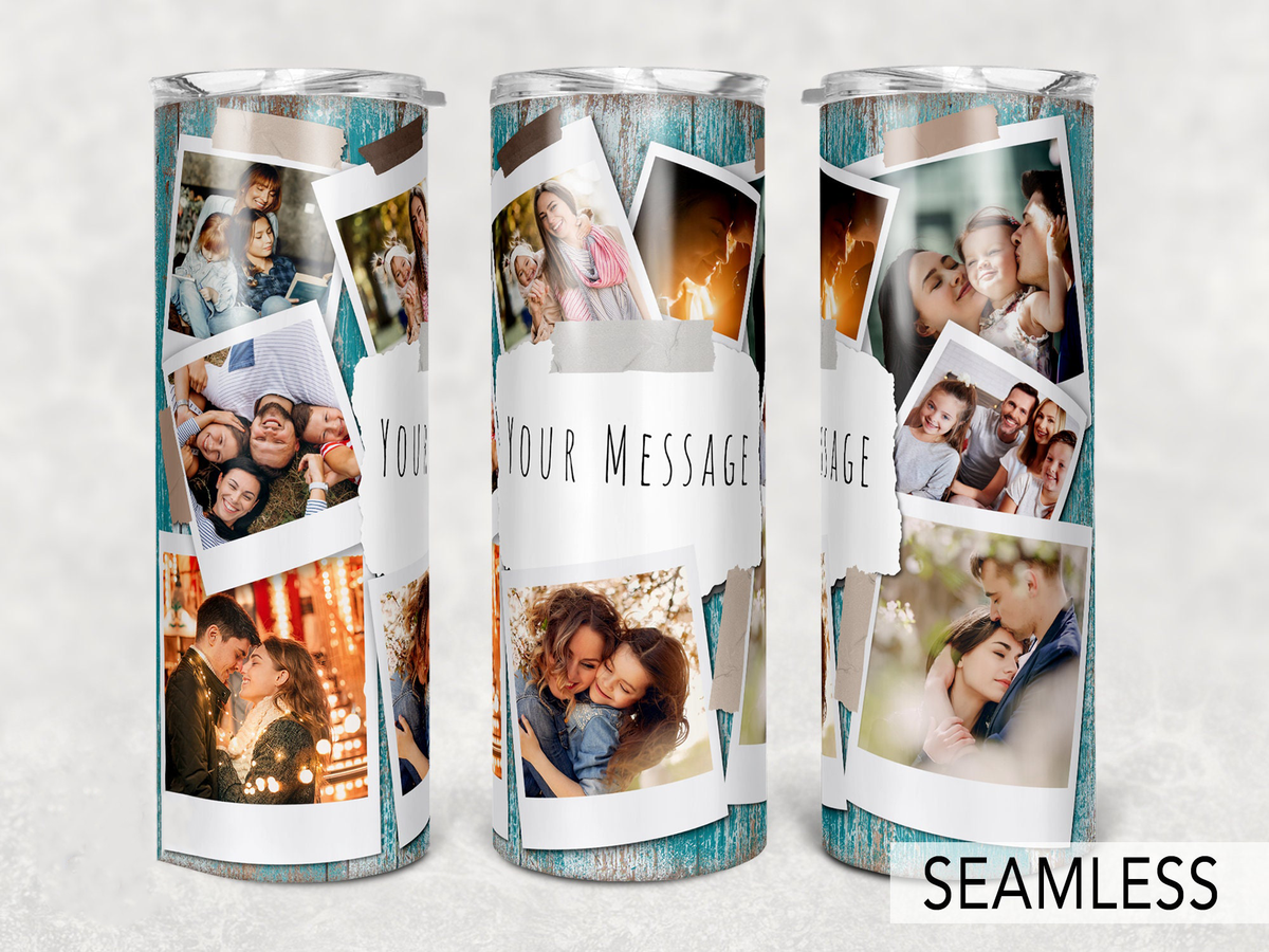 Vintage Teal Wood 9 Photo Collage Custom 20oz Skinny Tumbler, Personalized Polaroid Picture Tumbler with Custom Text, Gift for Family & Friends