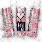 20oz Personalized Memorial Tumbler, I Never Left You Quote Custom Photo, Pink Distressed Wood & Heart Bird Design Stainless Steel Insulated Tumbler with Lid & Straw, Sympathy Bereavement Remembrance Gift