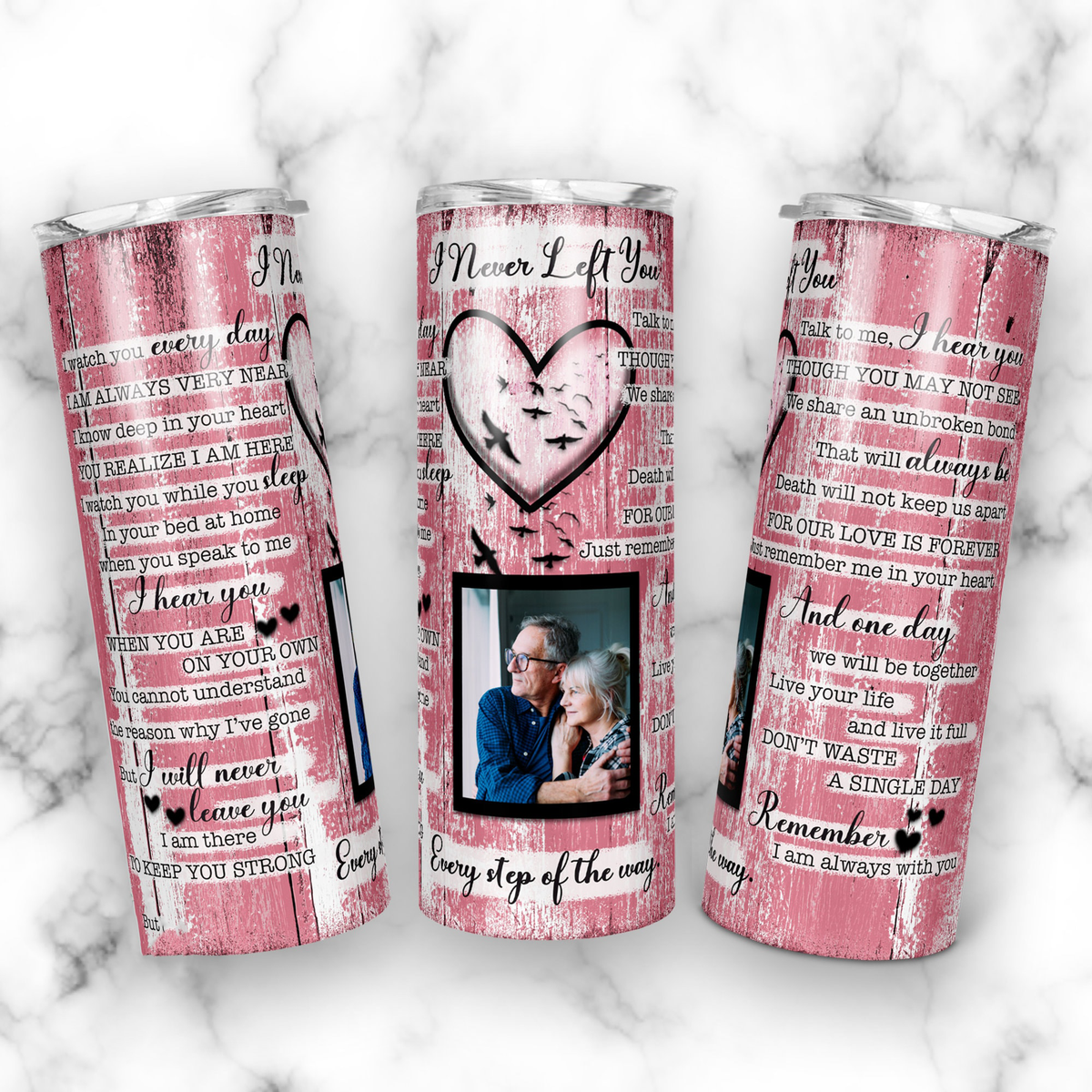 20oz Personalized Memorial Tumbler, I Never Left You Quote Custom Photo, Pink Distressed Wood & Heart Bird Design Stainless Steel Insulated Tumbler with Lid & Straw, Sympathy Bereavement Remembrance Gift
