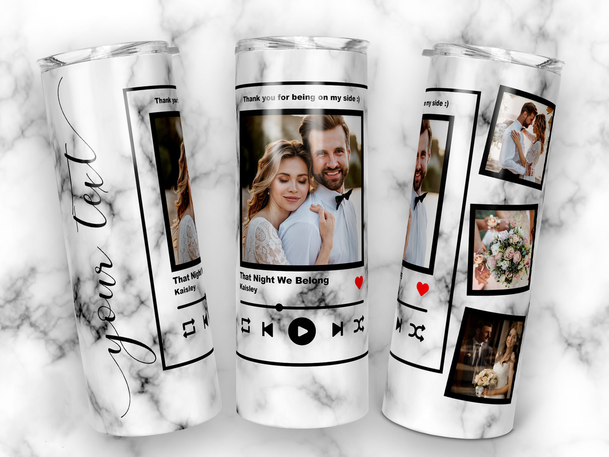 20oz Personalized Music Plaque Tumbler, Custom Song Plaque & Photo Collage, Marble Background Stainless Steel Insulated Tumbler with Lid & Straw, Custom Anniversary Birthday Gift for Him Her, Boyfriend Girlfriend, Mr & Mrs