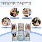 Personalized 20oz Skinny Stainless Steel Tumbler with Lid & Straw, Custom 4 Photo Collage, Fixed Marble Background & Quote, Insulated Travel Cup, Single Tumbler, Birthday & Anniversary Keepsake Gift