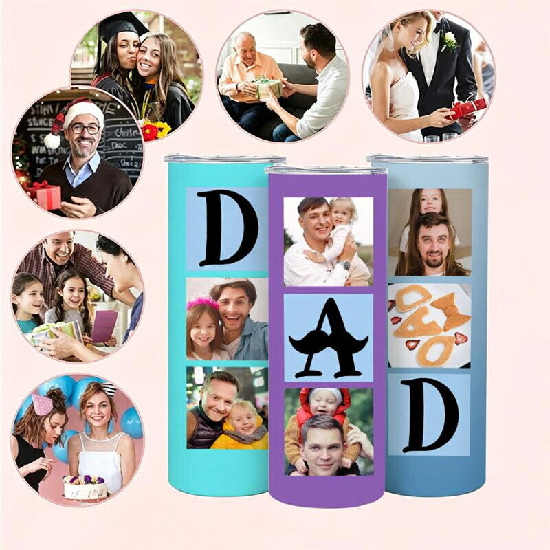 Personalized 20oz Straight Skinny Tumbler, Custom Multi Photo Collage Insulated Stainless Steel Travel Cup, Single Tumbler, Sentimental Father’s Day Gift for Dad, Papa, Husband