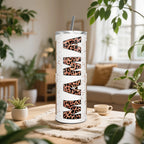 Personalized 20oz Skinny MAMA Leopard Print Tumbler with Lid & Straw, Custom 4 Photos Only, Fixed Rose Gold Glitter Leopard MAMA Design, Stainless Steel Insulated Travel Mug, Single Cup, Mother’s Day Gift for Mom
