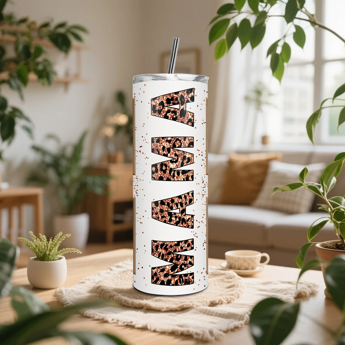 Personalized 20oz Skinny MAMA Leopard Print Tumbler with Lid & Straw, Custom 4 Photos Only, Fixed Rose Gold Glitter Leopard MAMA Design, Stainless Steel Insulated Travel Mug, Single Cup, Mother’s Day Gift for Mom