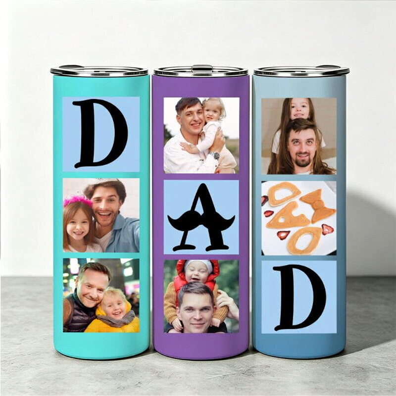 Personalized 20oz Straight Skinny Tumbler, Custom Multi Photo Collage Insulated Stainless Steel Travel Cup, Single Tumbler, Sentimental Father’s Day Gift for Dad, Papa, Husband