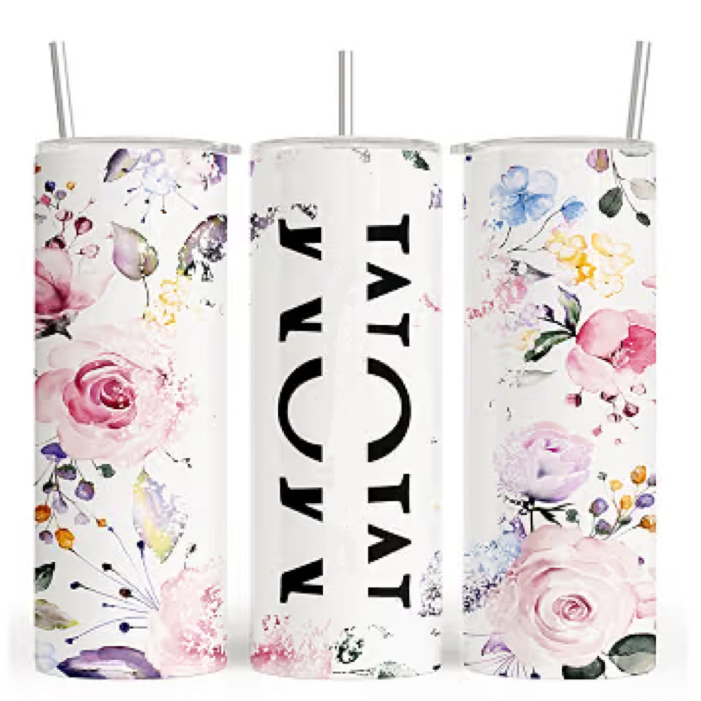 Personalized Mom Tumbler with Name | 20oz Skinny Floral Cup with Lid and Straw | Custom Gift for Mother’s Day, Birthday, Christmas | Insulated Travel Tumbler for Coffee Water Tea | Pink Roses