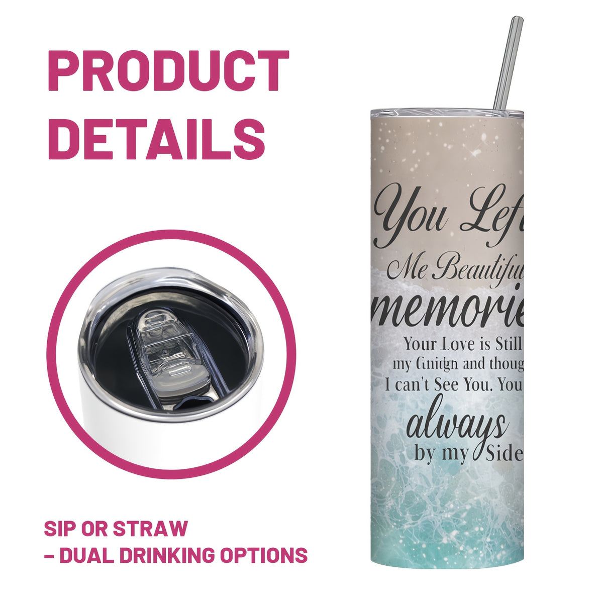 Personalized 20oz Skinny Stainless Steel Tumbler with Lid & Straw, Custom 4 Photo Collage, Fixed Marble Background & Quote, Insulated Travel Cup, Single Tumbler, Birthday & Anniversary Keepsake Gift