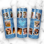 Blue Glitter Heart Photo Collage 20oz Skinny Tumbler, Custom Photo Sublimation Tumbler, Personalized Picture Cup, Birthday Gift for Family & Friends