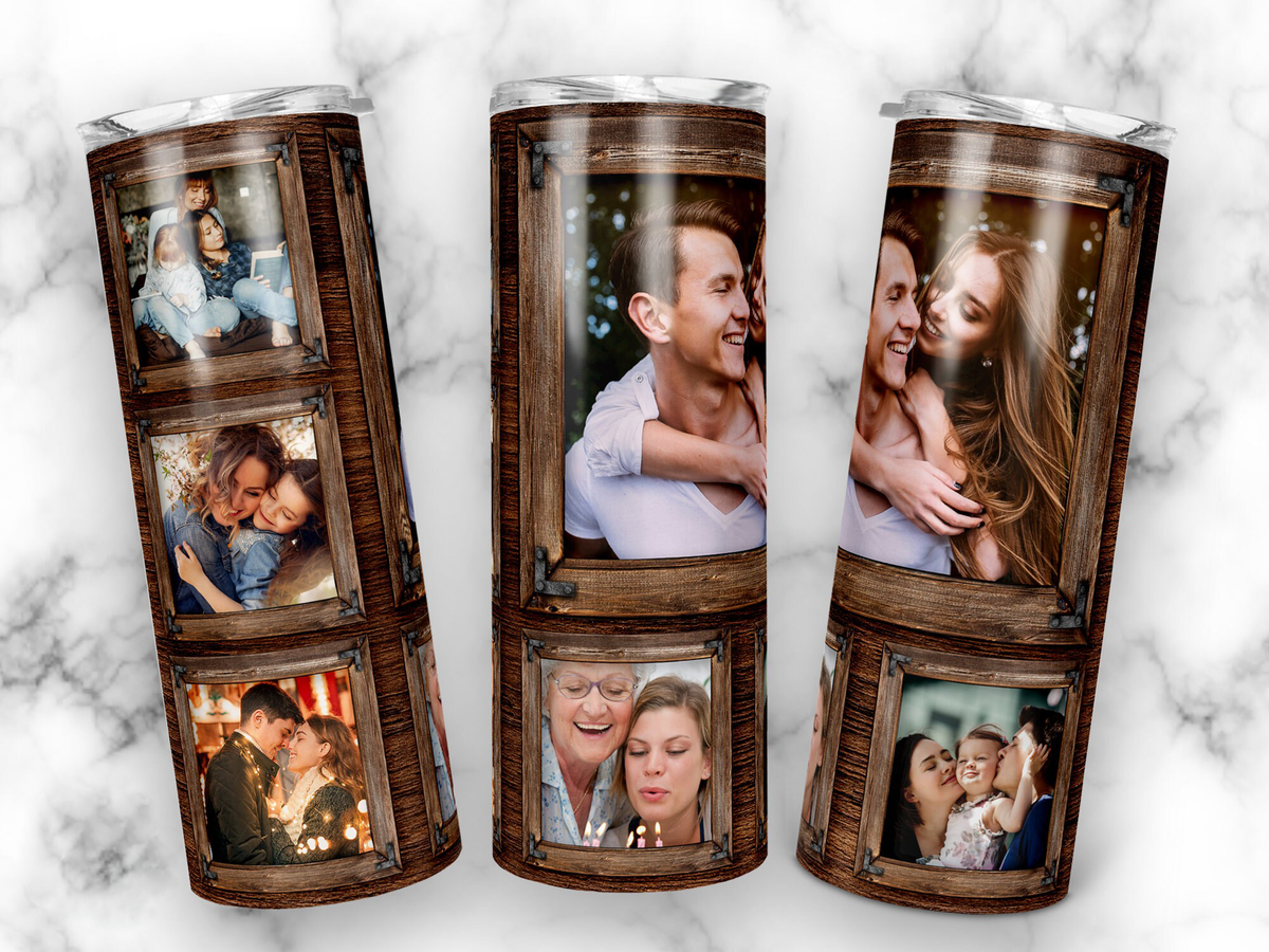 Rustic Wood Frame 6 Photo Collage Custom 20oz Skinny Tumbler, Vintage Wooden Picture Frame Personalized Tumbler, Family Memory Gift