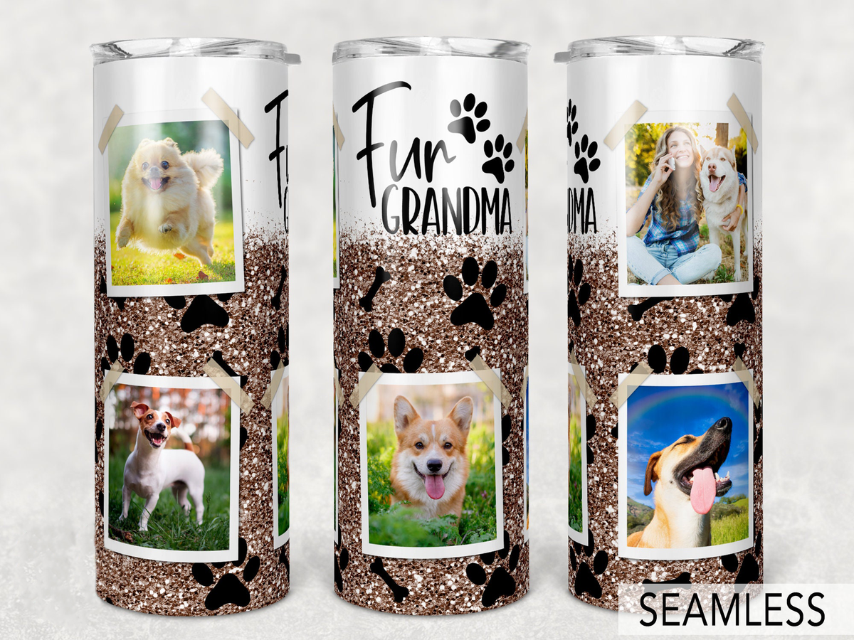 A lovely tumbler for fur grandma! This glitter brown paw print design fits 2 pet photos. Great custom gift for dog grandma, dog mom to show love for furry babies.