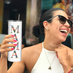 Personalized 20oz Skinny Tumbler with Lid & Straw, Custom Multi Photo Collage on Back, Fixed Floral MAMA Design, Insulated Stainless Steel Travel Cup, Single Tumbler, Mother’s Day & Birthday Gift