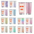 Personalized 20oz Glitter Metal Tumbler with Lid, Custom Photo Printing Only, Multi Color Choices, Insulated Stainless Steel Travel Mug, Single Cup, Unique Gift for Birthday, Christmas, Halloween