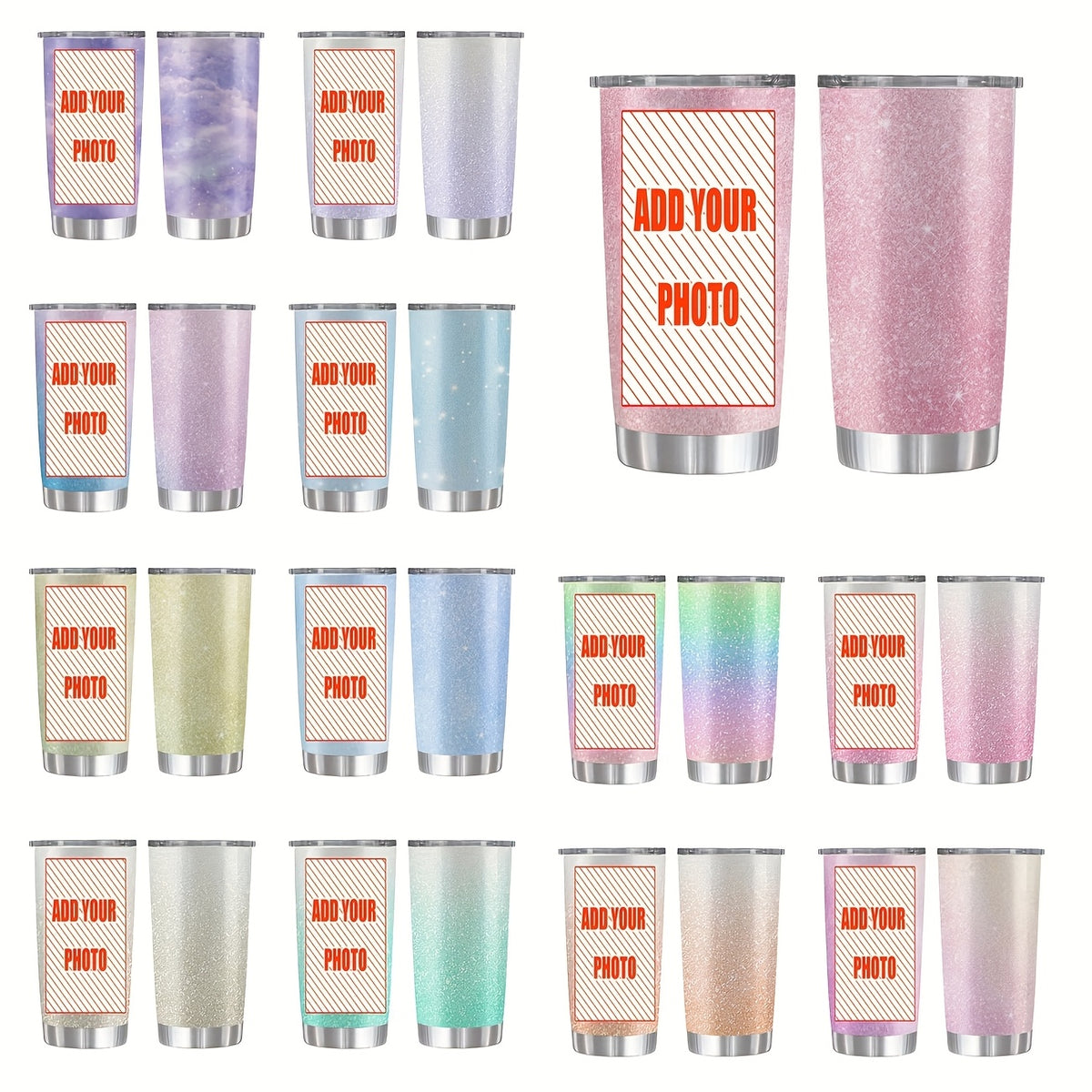 Personalized 20oz Glitter Metal Tumbler with Lid, Custom Photo Printing Only, Multi Color Choices, Insulated Stainless Steel Travel Mug, Single Cup, Unique Gift for Birthday, Christmas, Halloween