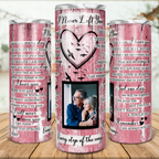 20oz Personalized Memorial Tumbler, I Never Left You Quote Custom Photo, Pink Distressed Wood & Heart Bird Design Stainless Steel Insulated Tumbler with Lid & Straw, Sympathy Bereavement Remembrance Gift