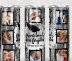 20oz Personalized Memorial Photo Collage Tumbler, Forever Loved Never Forgotten Custom Keepsake Tumbler, Rustic Wood Feather Design Stainless Steel Insulated Tumbler with Lid & Straw, Sympathy Remembrance Gift
