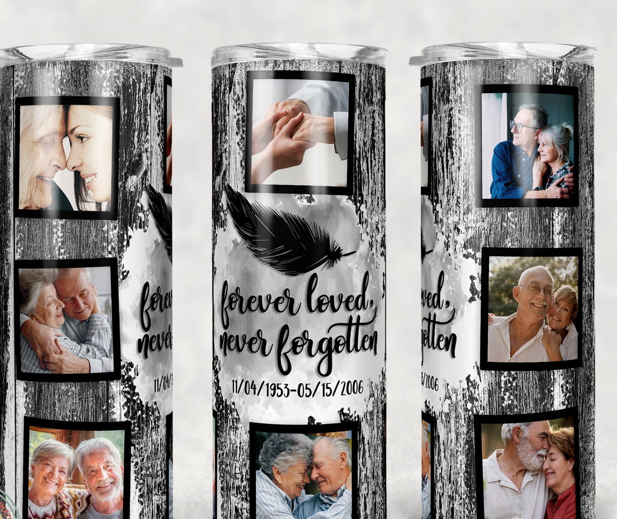 20oz Personalized Memorial Photo Collage Tumbler, Forever Loved Never Forgotten Custom Keepsake Tumbler, Rustic Wood Feather Design Stainless Steel Insulated Tumbler with Lid & Straw, Sympathy Remembrance Gift