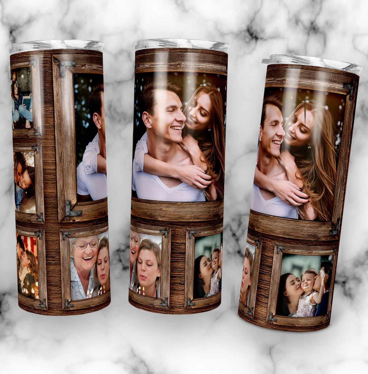 Rustic Wood Frame 6 Photo Collage Custom 20oz Skinny Tumbler, Vintage Wooden Picture Frame Personalized Tumbler, Family Memory Gift