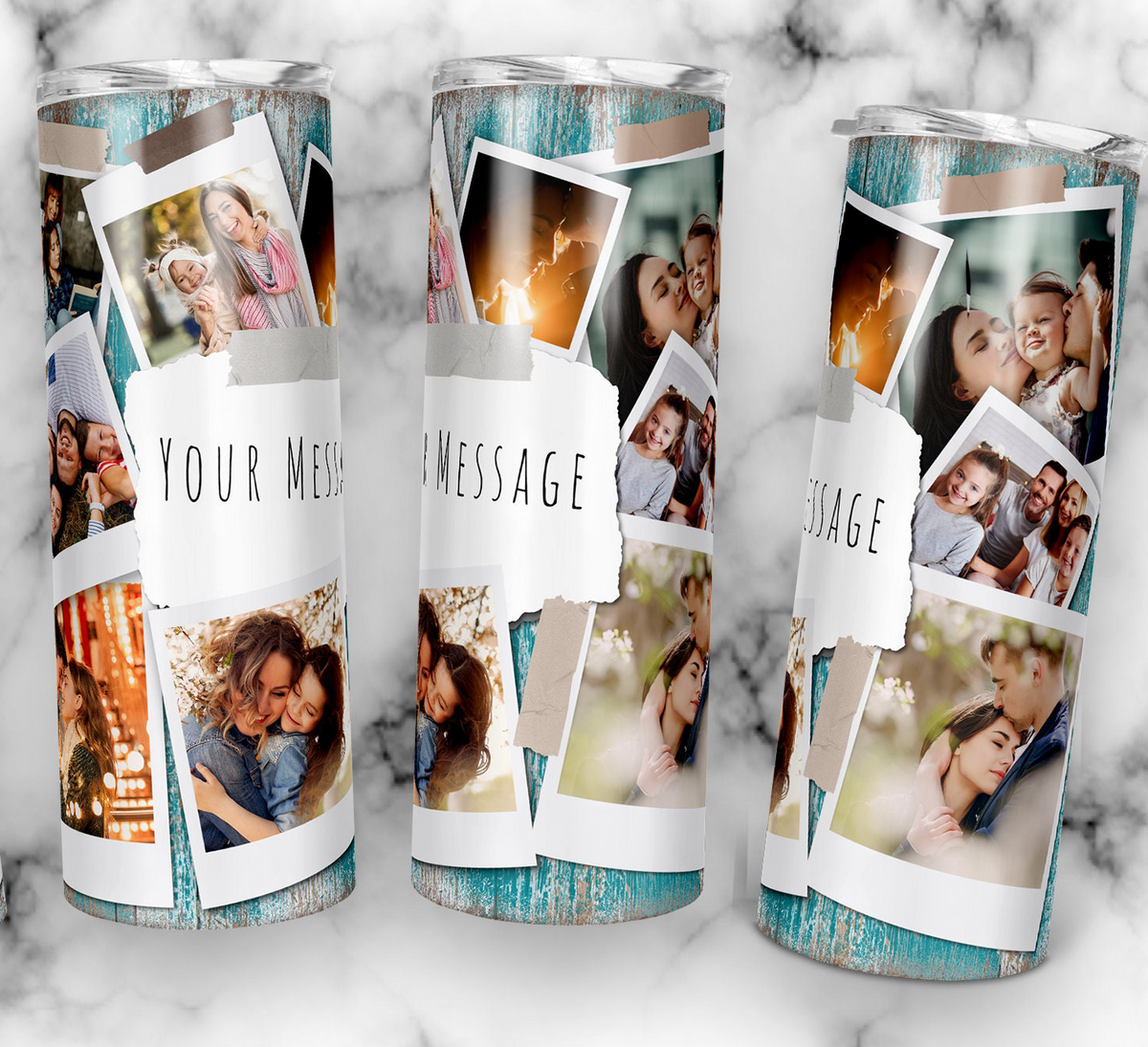 Vintage Teal Wood 9 Photo Collage Custom 20oz Skinny Tumbler, Personalized Polaroid Picture Tumbler with Custom Text, Gift for Family & Friends