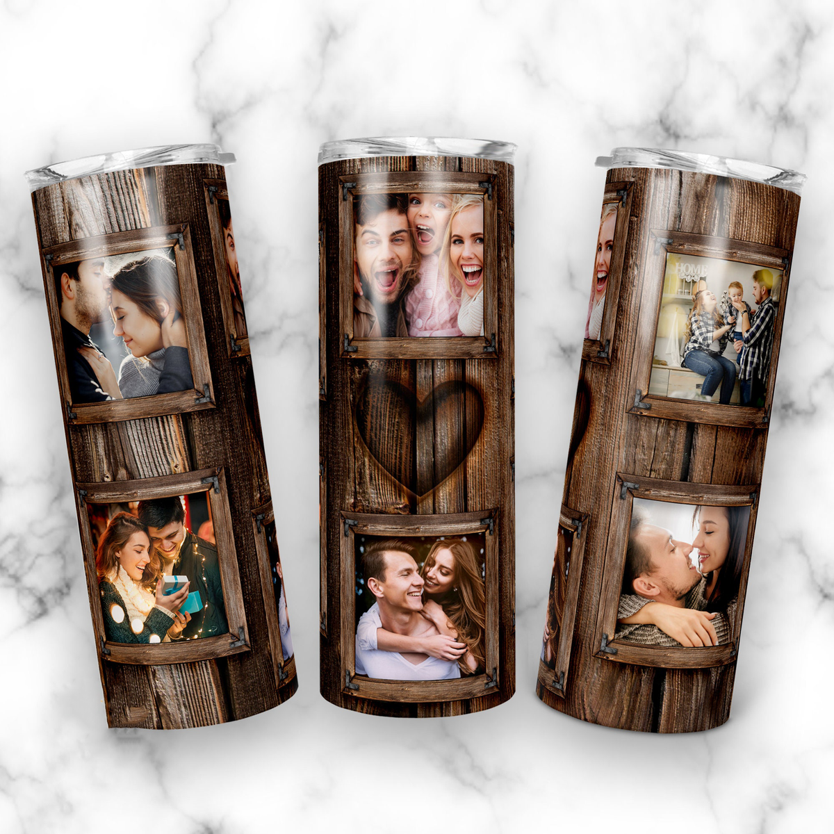 20oz Personalized Wood Grain Family Photo Collage Tumbler, Rustic Wooden Frame & Heart Design Stainless Steel Insulated Tumbler with Lid & Straw, Custom Family Keepsake Birthday Anniversary Gift