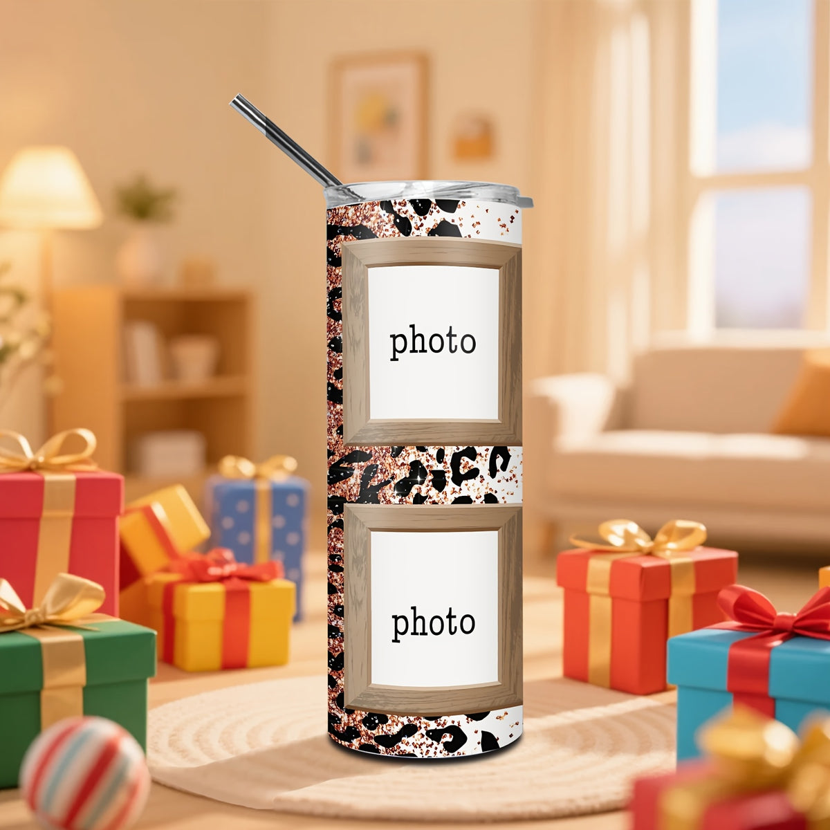 Personalized 20oz Skinny MAMA Leopard Print Tumbler with Lid & Straw, Custom 4 Photos Only, Fixed Rose Gold Glitter Leopard MAMA Design, Stainless Steel Insulated Travel Mug, Single Cup, Mother’s Day Gift for Mom