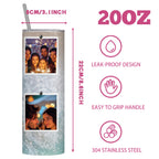 Personalized 20oz Skinny Stainless Steel Tumbler with Lid & Straw, Custom 4 Photo Collage, Fixed Marble Background & Quote, Insulated Travel Cup, Single Tumbler, Birthday & Anniversary Keepsake Gift