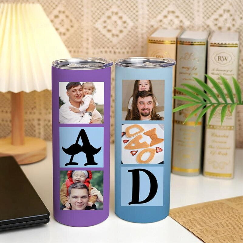 Personalized 20oz Straight Skinny Tumbler, Custom Multi Photo Collage Insulated Stainless Steel Travel Cup, Single Tumbler, Sentimental Father’s Day Gift for Dad, Papa, Husband