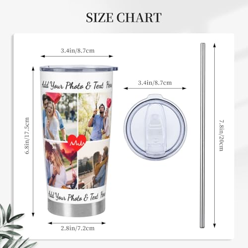 Personalized Tumblers with Pictures Lids and Straws 20 oz Custom Photo Stainless Steel Coffee Tumbler with Name Text Coffee Mug Cup Gifts for Christmas Anniversary Birthday for Dad Mom Friend