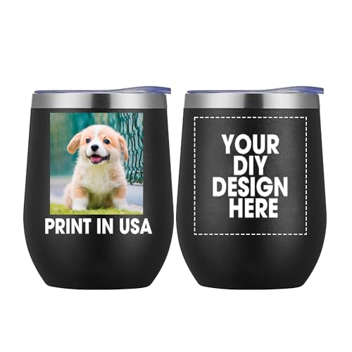 Personalized Custom Wine Tumbler Print in USA 12oz Stainless Steel Travel Coffee Cup with Lid & Straw Double Wall Insulated Mug with Colorful Text Logo Photo