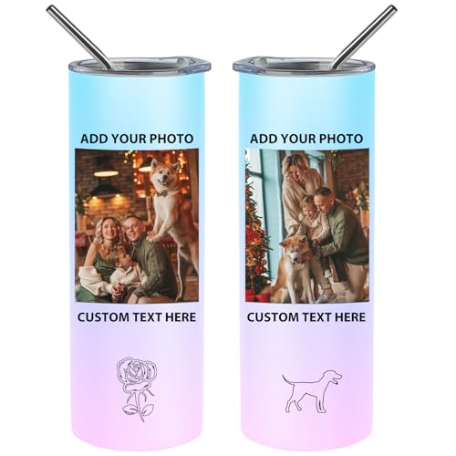 Personalized Coffee Tumbler with Photo Text, 20oz Stainless Steel Tumbler with Lid and Straw, Coffee Travel Cups, Personalized Christmas Birthday Gifts for Family Friends Women Men