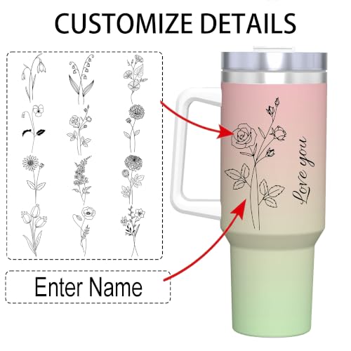Personalized 40 Oz Tumbler with Birth Month Flower, Stainless Steel