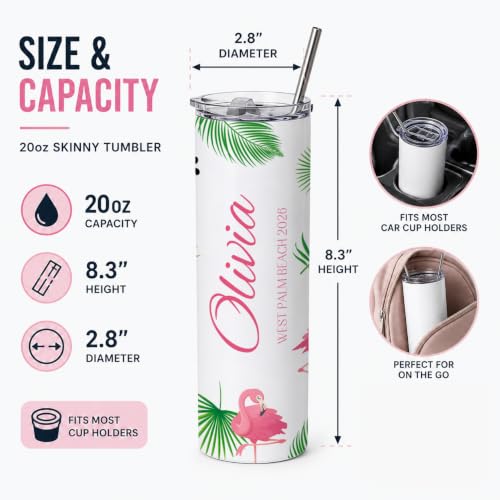 Personalized Vacation Tumbler 20oz | Custom Beach Tumbler with Lid & Straw | Gift for Girl Trip, Family Vacation, Bachelorette Party, Cruise | Stainless Steel Insulated Travel Cup (Flamingo)