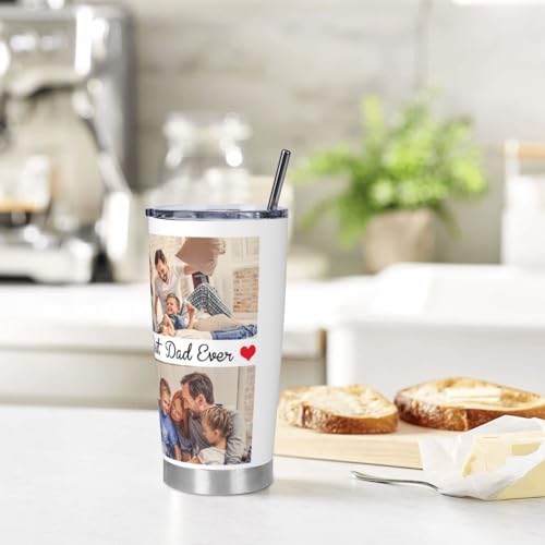 Personalized Tumblers with Pictures Lids and Straws 20 oz Custom Photo Stainless Steel Coffee Tumbler with Name Text Coffee Mug Cup Gifts for Christmas Anniversary Birthday for Dad Mom Friend
