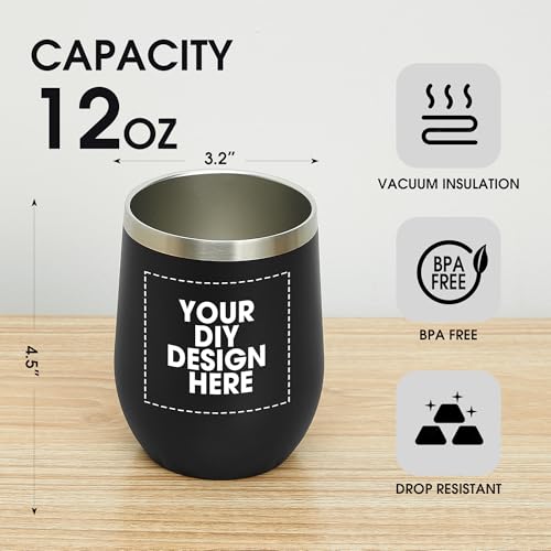 Personalized Custom Wine Tumbler Print in USA 12oz Stainless Steel Travel Coffee Cup with Lid & Straw Double Wall Insulated Mug with Colorful Text Logo Photo