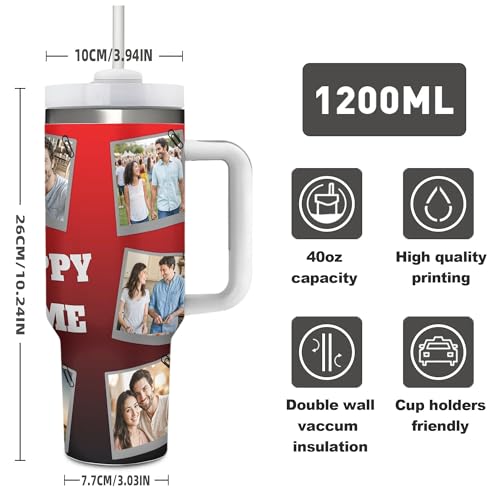 Custom Personalized 8 Photos Text Insulated Stainless Steel Tumbler 40 OZ (1200 ML), Design Pictures Unique Travel Coffee Cup Gifts for Birthday Anniversary Party