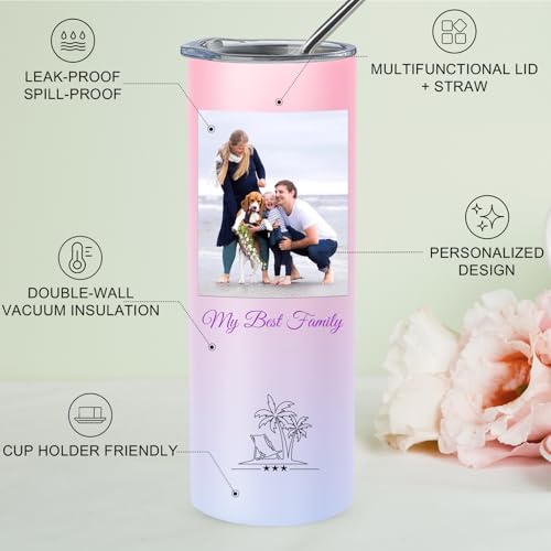 Personalized Coffee Tumbler with Photo Text, 20oz Stainless Steel Tumbler with Lid and Straw, Coffee Travel Cups, Personalized Christmas Birthday Gifts for Family Friends Women Men