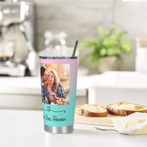 Personalized Tumblers with Pictures Lids and Straws 20 oz Custom Photo Stainless Steel Coffee Tumbler with Name Text Coffee Mug Cup Gifts for Christmas Anniversary Birthday for Dad Mom Friend
