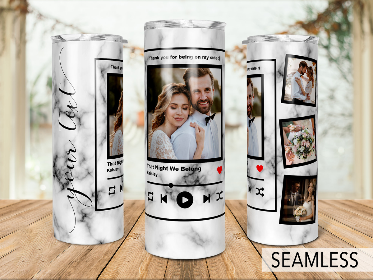 20oz Personalized Music Plaque Tumbler, Custom Song Plaque & Photo Collage, Marble Background Stainless Steel Insulated Tumbler with Lid & Straw, Custom Anniversary Birthday Gift for Him Her, Boyfriend Girlfriend, Mr & Mrs