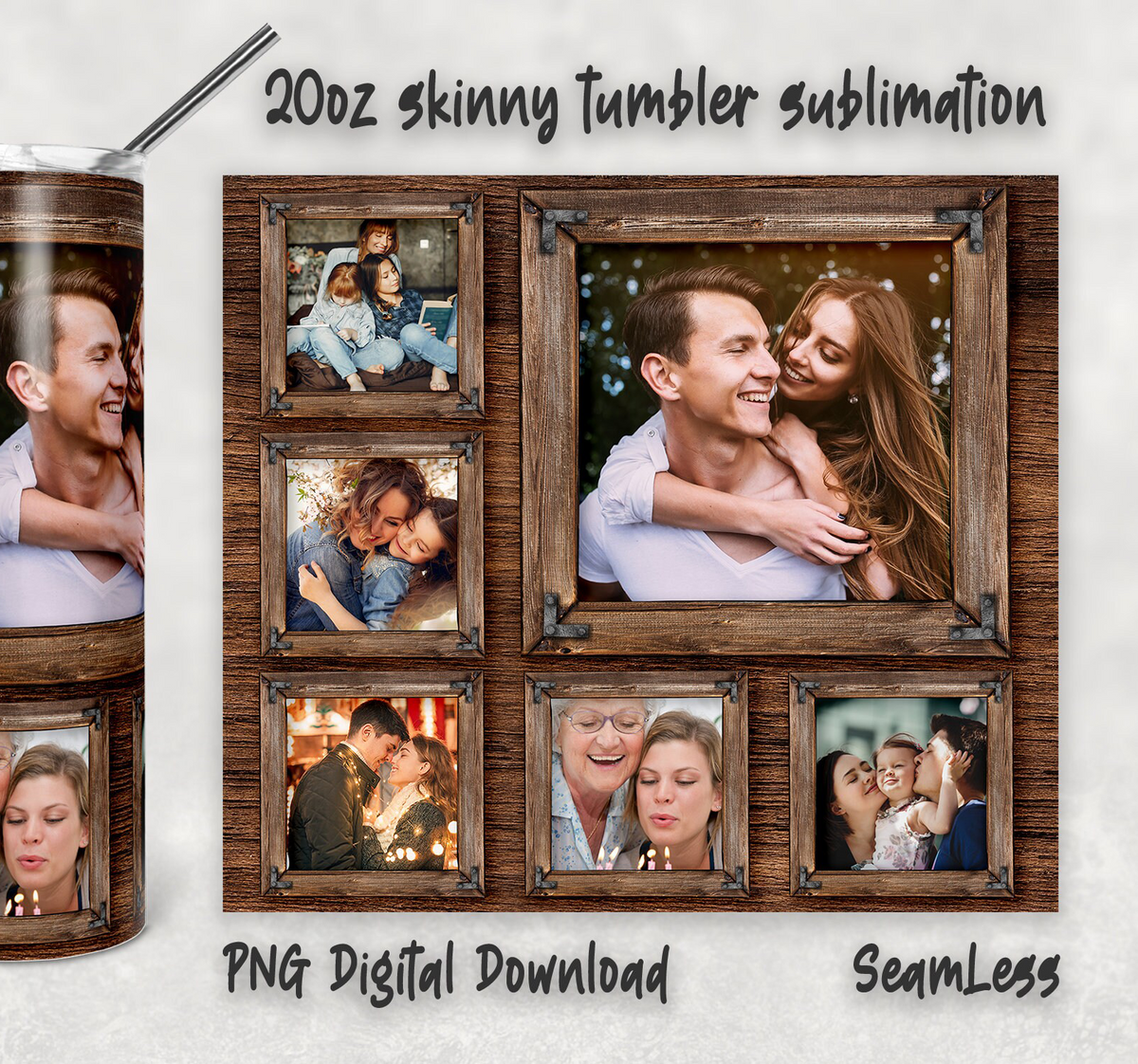 Rustic Wood Frame 6 Photo Collage Custom 20oz Skinny Tumbler, Vintage Wooden Picture Frame Personalized Tumbler, Family Memory Gift