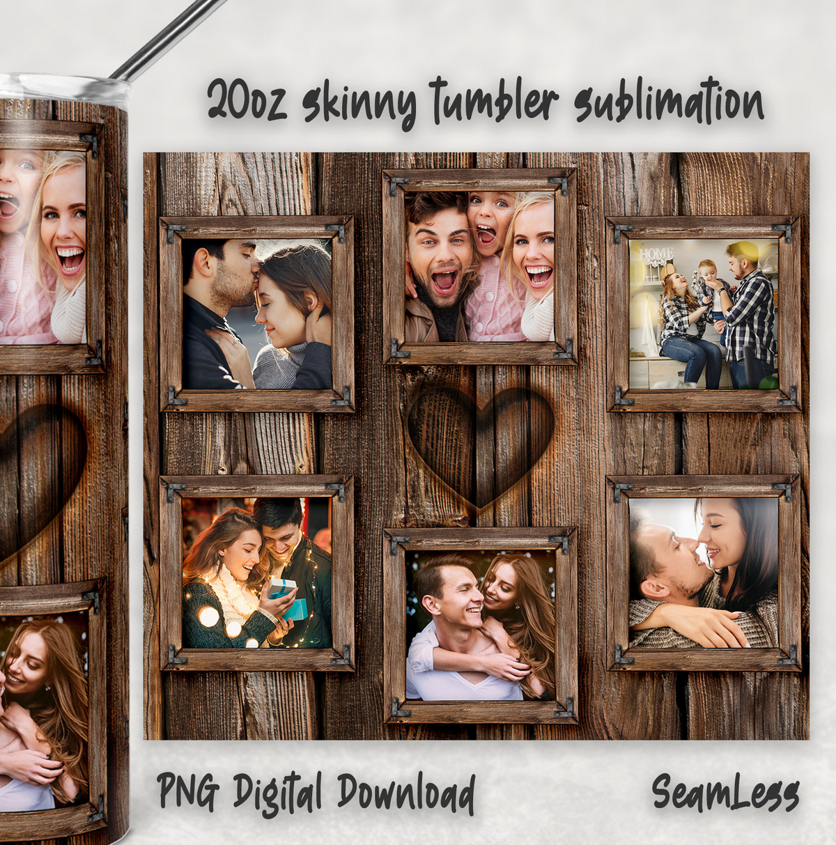 20oz Personalized Wood Grain Family Photo Collage Tumbler, Rustic Wooden Frame & Heart Design Stainless Steel Insulated Tumbler with Lid & Straw, Custom Family Keepsake Birthday Anniversary Gift